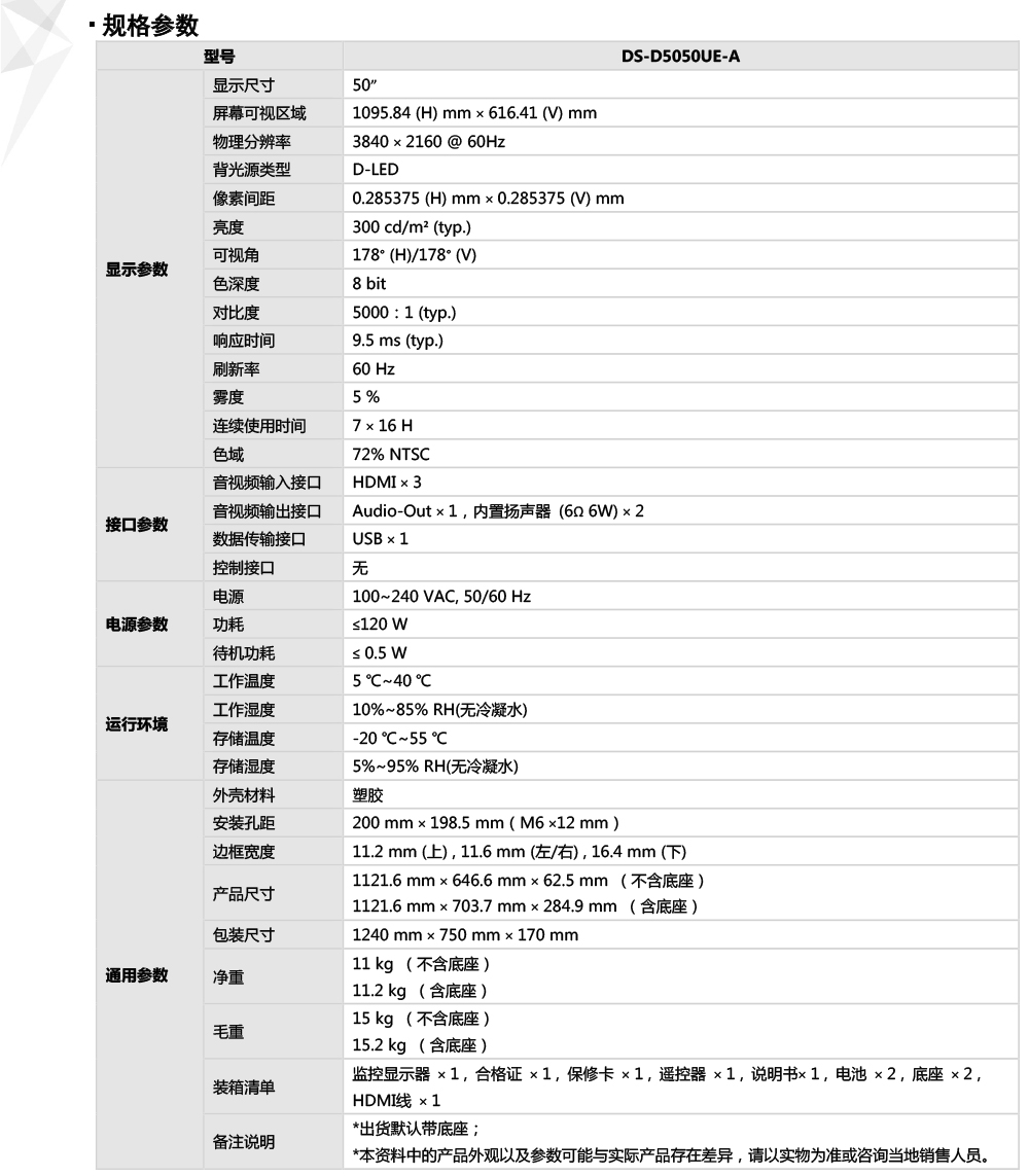 DS-D5050UE-A產(chan) 品參數