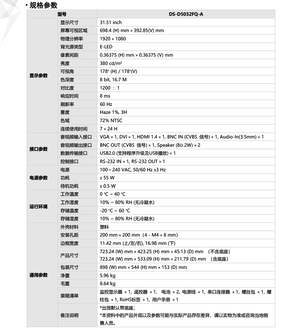 DS-D5032FQ-A產(chan) 品參數