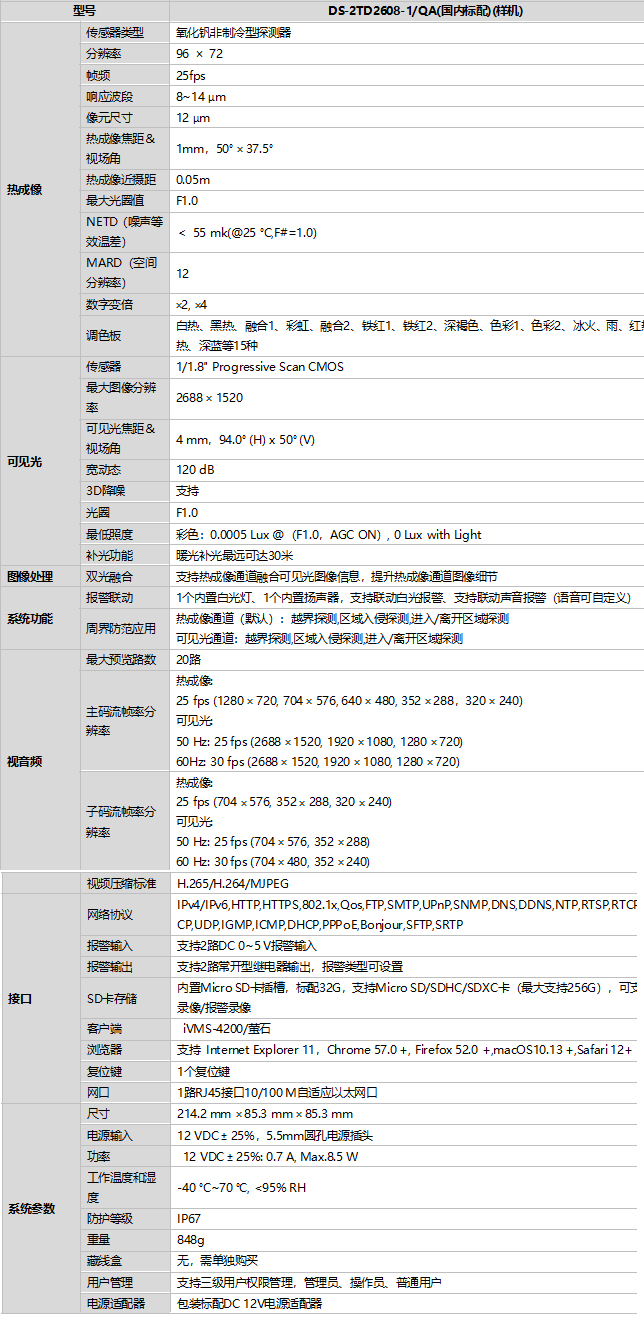 DS-2TD2608-1/QA規格參數 DS-2TD2608-1/QA規格參數
