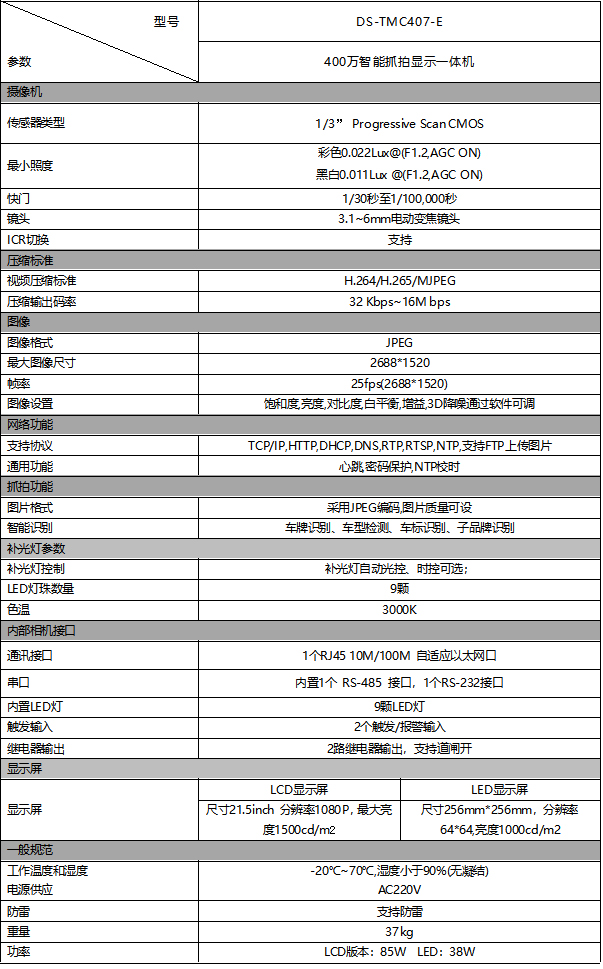 DS-TMC407-E規格參數 DS-TMC407-E規格參數